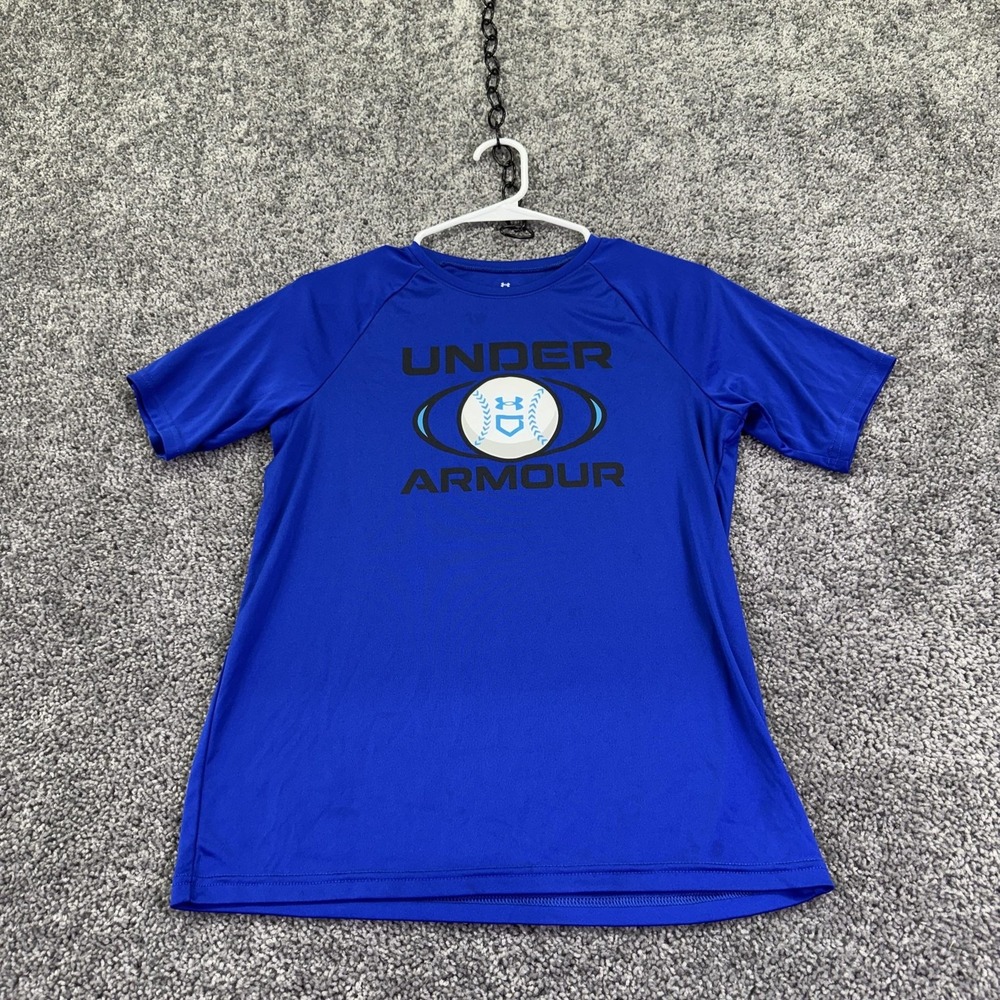 Under Armour Shirt Kids Large Blue Short Sleeve Baseball Performance Tee